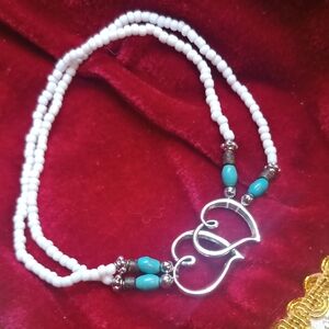 Elegant Silver Tone heart With White and Turquoise Beaded Ankle Bracelet